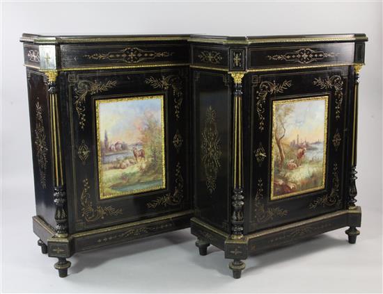 A pair of 19th century French ebonised and ormolu mounted marble top pier cabinets, W.2ft 10.5in.